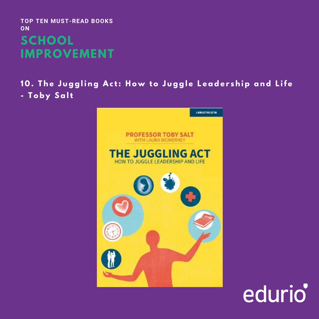 INFOGRAPHIC
An image of a book cover on a purple background. The book in question is also the tenth book on the list of books on school leadership - "The Juggling Act: How to Juggle Leadership and Life" by Toby Salt
