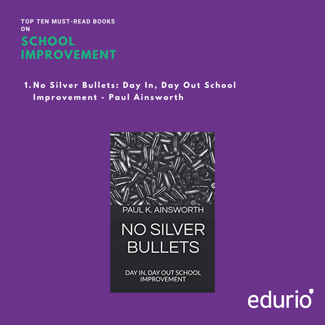 INFOGRAPHIC
An image of a book cover on a purple background. The book in question is also the first book on the list of books on school improvement - "No Silver Bullets: Day In, Day Out School Improvement" by Paul Ainsworth