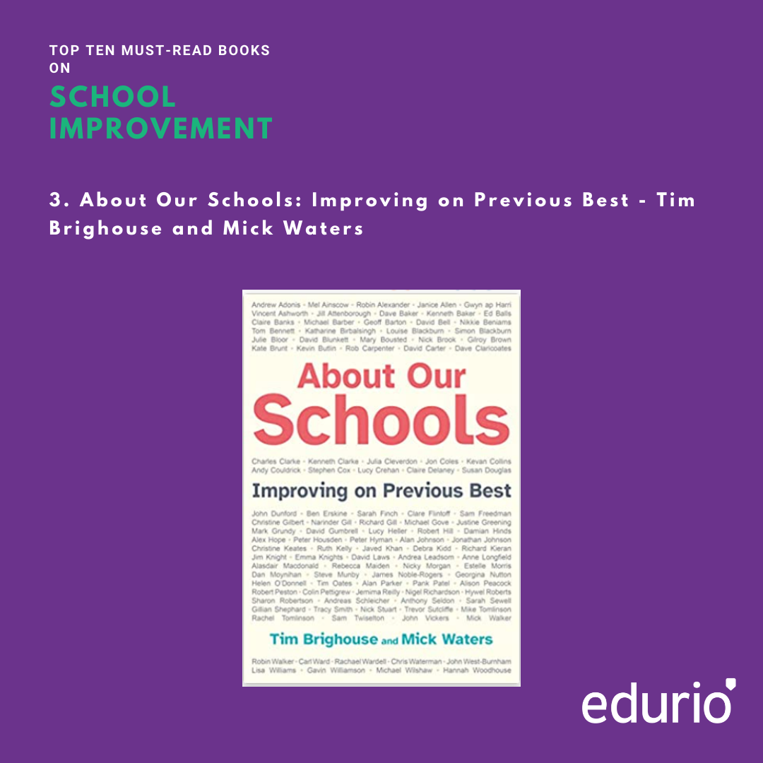 INFOGRAPHIC
An image of a book cover on a purple background. The book in question is also the third book on the list - "About Our Schools: Improving on Previous Best" by Tim Brighouse and Mick Waters