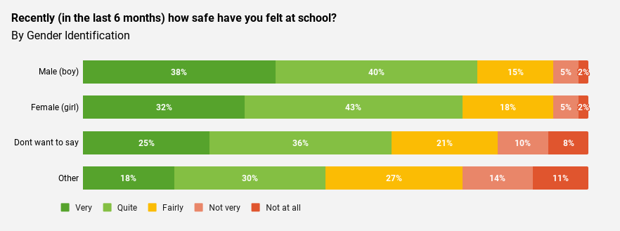 This Image shows responses to the question, "Recently (in the last six months), How safe have you felt at school?" The findings are shown by Gender, Male (boy), Female (girl), Don't want to say, and Other. It shows that Students identifying as a gender other than male or female are the least likely to feel safe at school with male students most likely to feel safe at school.
Copyright of Edurio.
Safety of pupils, Safeguarding in schools. The Pupil Safeguarding Review. Safeguarding. Pupil Safeguarding.