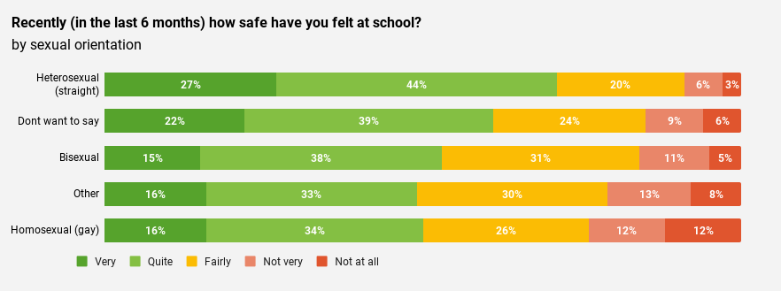 This Image shows responses to the question, "Recently (in the last six months), How safe have you felt at school?" The findings are shown by Sexual Orientation; Heterosexual, Bisexual, Homosexual (gay), Other, Don't want to say. The findings suggest that Homosexual students and those who didn't identify with any of the predefined sexual orientations (Other) were least likely to have felt safe at school recently. 
Copyright of Edurio.
Safety of pupils. Safeguarding in schools. The Pupil Safeguarding Review. Safeguarding. Pupil Safeguarding.