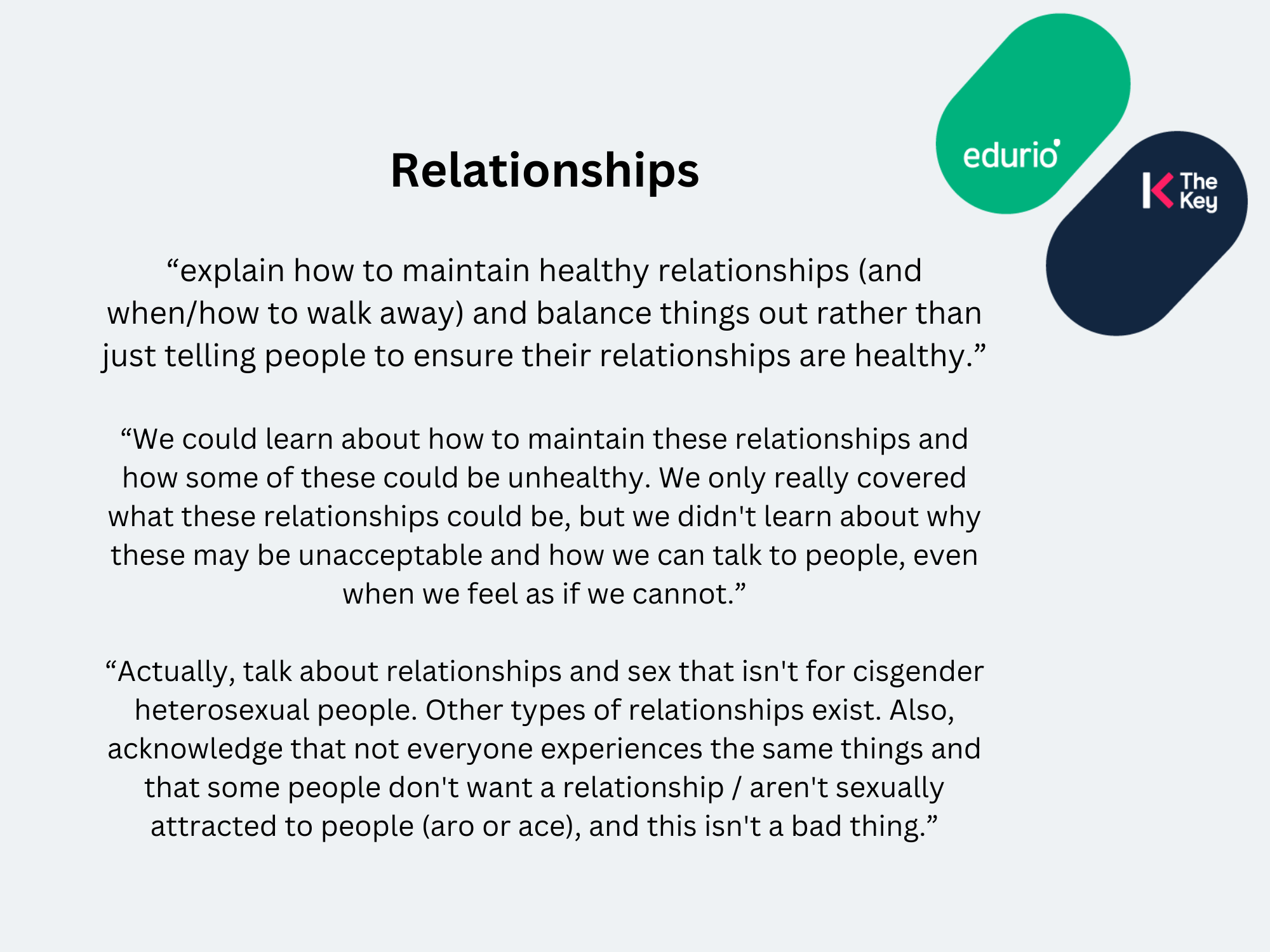 Quotes from pupils about relationships in the RSE curriculum “explain how to maintain healthy relationships (and when/how to walk away) and balance things out rather than just telling people to ensure their relationships are healthy.”
“We could learn about how to maintain these relationships and how some of these could be unhealthy. We only really covered what these relationships could be, but we didn't learn about why these may be unacceptable and how we can talk to people, even when we feel as if we cannot.”
“Actually, talk about relationships and sex that isn't for cisgender heterosexual people. Other types of relationships exist. Also, acknowledge that not everyone experiences the same things and that some people don't want a relationship / aren't sexually attracted to people (aro or ace), and this isn't a bad thing.”
