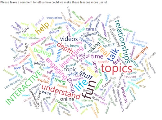 This image is a wordcloud that shows the comments of pupils who completed our surveys, telling us how lessons could be made more useful. particularly RSE curriculum lessons.